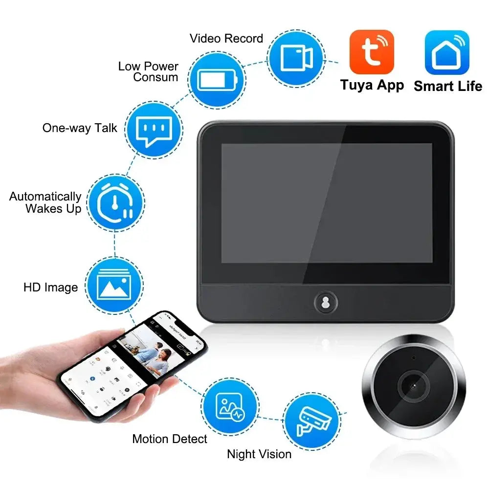 Awapow Tuya Wireless Radar Doorbell Wifi Door Peepholes Camera PIR Motion Detection 1080P Night Vision 4.3 Inch Rechargeable by stepyours.com