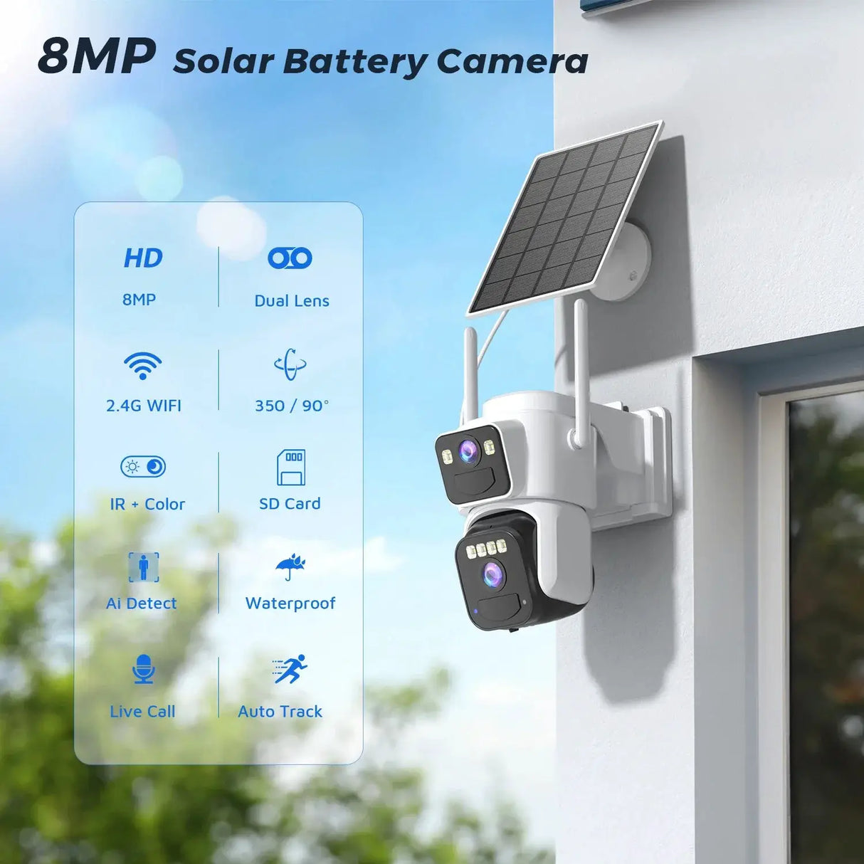 8MP Dual Lens Solar WiFi Security Camera - Color Night Vision, PIR Motion - stepyours.com