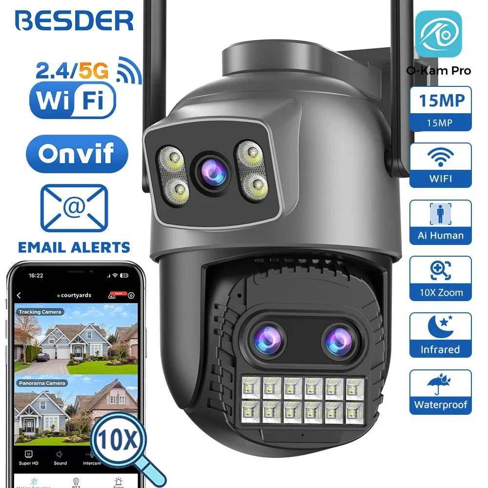BESDER O Kam Pro 15MP Outdoor WiFi Dual Screen CCTV Camera With 10X Digital Zoom