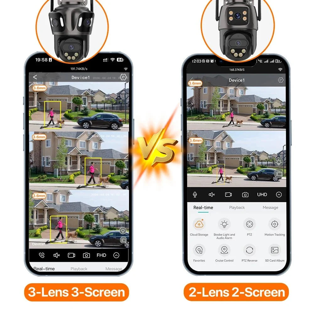 iCsee Three Screen WiFi IP Cameras Outdoor 4K Tri Lens - AI Human Detection Zone