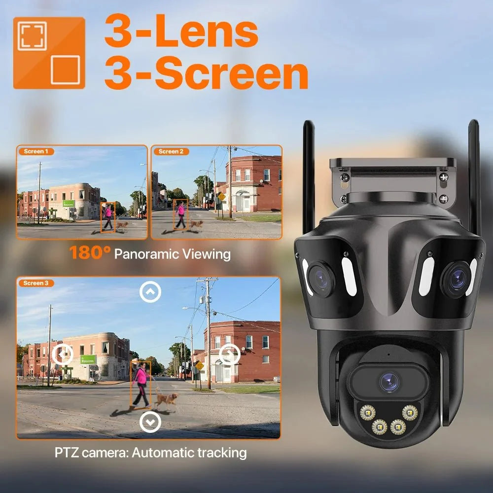 iCsee Three Screen WiFi IP Cameras Outdoor 4K Tri Lens - AI Human Detection Zone