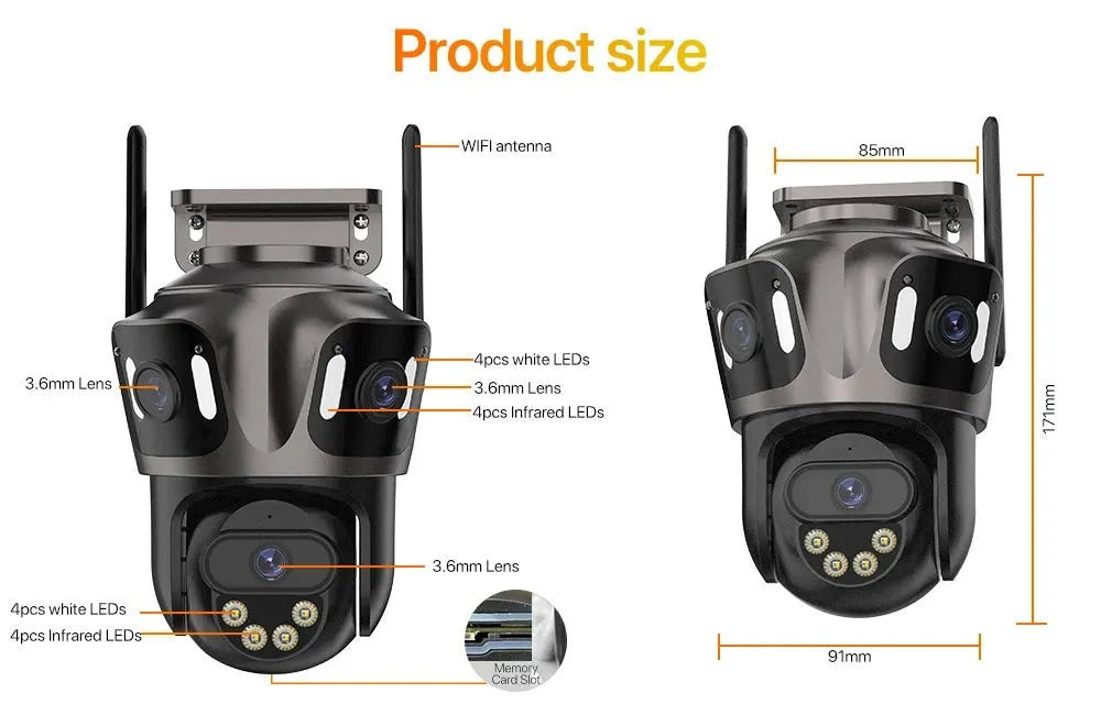 iCsee Three Screen WiFi IP Cameras Outdoor 4K Tri Lens - AI Human Detection Zone