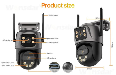 WONSDAR Three Screen WIFI IP Camera Outdoor - Dual Lens AI Human Detection Hooks by stepyours.com