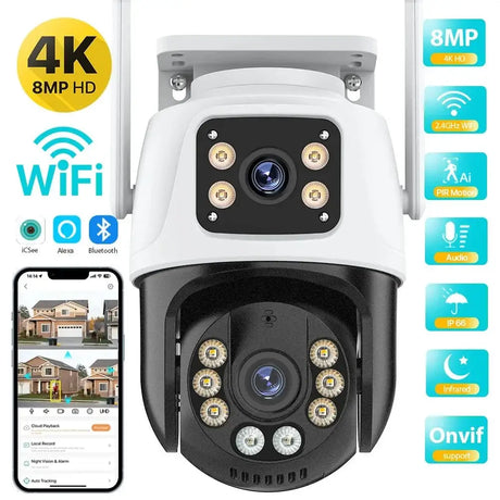 Dual Lens 360 Degree WiFi Camera IP66 Outdoor Security 8MP 4K PTZ - stepyours.com