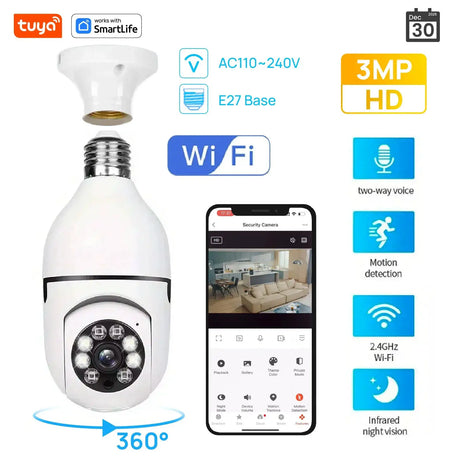 Tuya 1080P 2.4G E27 WiFi Bulb Surveillance Camera Night Vision Two Way Audio - stepyours.com