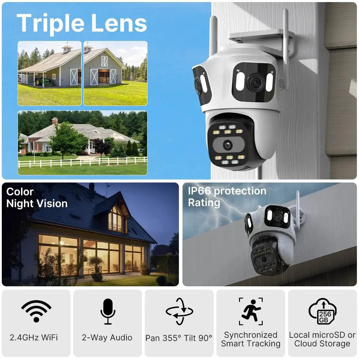 WONSDAR Three Lens Three Screen IP Camera - AI Auto Tracking For Total Security - stepyours.com