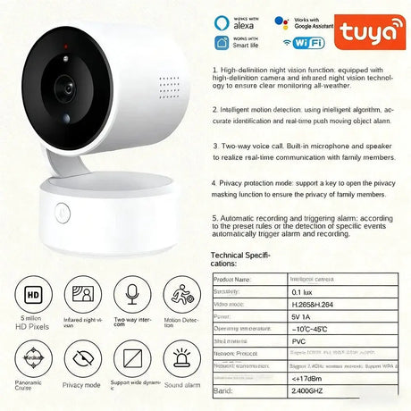 WIFI Tuya Indoor 5MP Camera - 360 Degree PTZ With 4x Zoom And Two Way Audio - stepyours.com