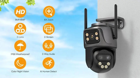 IP Camera 6K 9MP WiFi Outdoor Camera - 3 Lens Dual Screen PTZ With 8x Zoom - stepyours.com