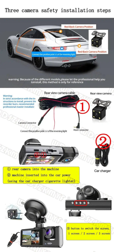 1080P Car Dash Cam 2 To 3 Camera Front And Rear Video Recorder Night Vision - stepyours.com