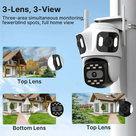 Three Lens PTZ IP Camera Outdoor WiFi Security Auto Tracking Three Screen App by stepyours.com