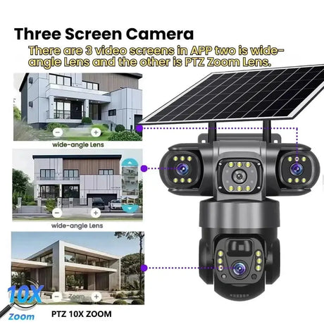 Solar Wireless Security Camera 12MP HD 3 Lens 10X Zoom IP66 Outdoor - stepyours.com