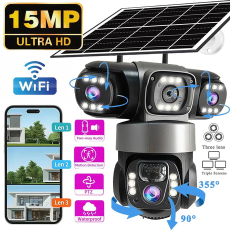 V380PRO 3 Lens WiFi Solar Camera 15MP 360 Outdoor Waterproof CCTV Night Vision - stepyours.com