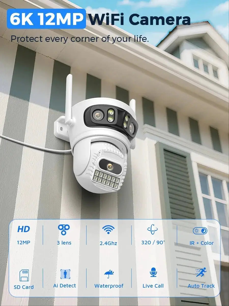 BESDER 6K 12MP Outdoor IP Camera - Three Lens AI Human Detection Waterproof - stepyours.com