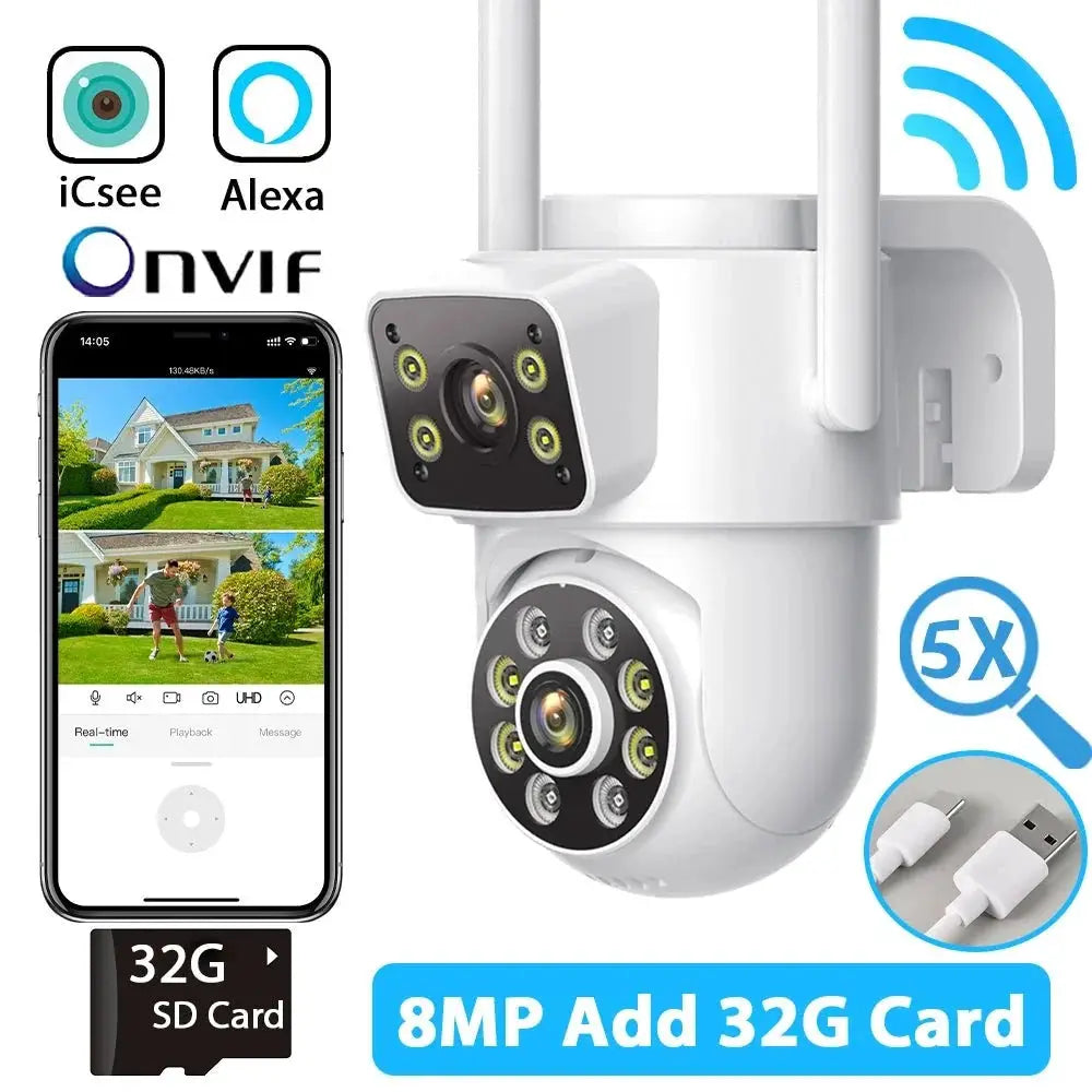 Hooked On 8MP 4K WiFi PTZ Camera Dual Lens Outdoor Security ICSEE App - stepyours.com