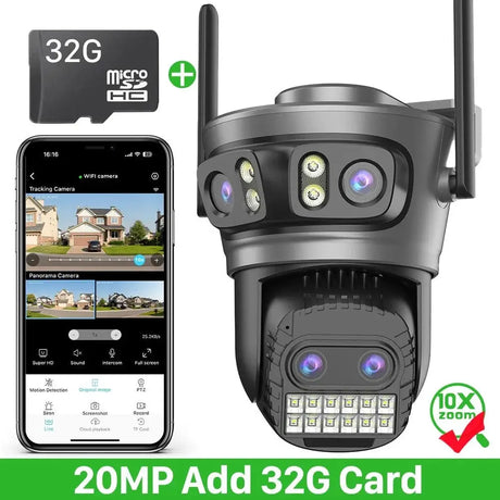 20MP PTZ WiFi Surveillance Camera 4 Lens 10X Zoom Outdoor Night Vision - stepyours.com