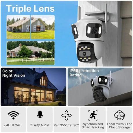 Three Lens PTZ IP Camera Outdoor WiFi Security Auto Tracking Three Screen App by stepyours.com