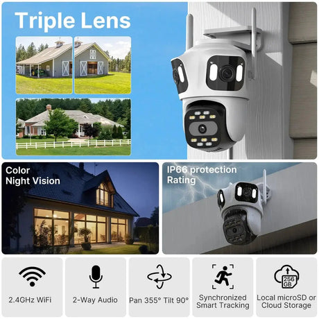 Three Lens PTZ IP Camera Outdoor HD WiFi Security Auto Tracking CCTV Hooks - stepyours.com