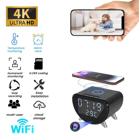 Wireless Charging Alarm Clock Camera - 4K HD Surveillance, Motion Detection, Remote Viewing, Recording, App, Temperature Display