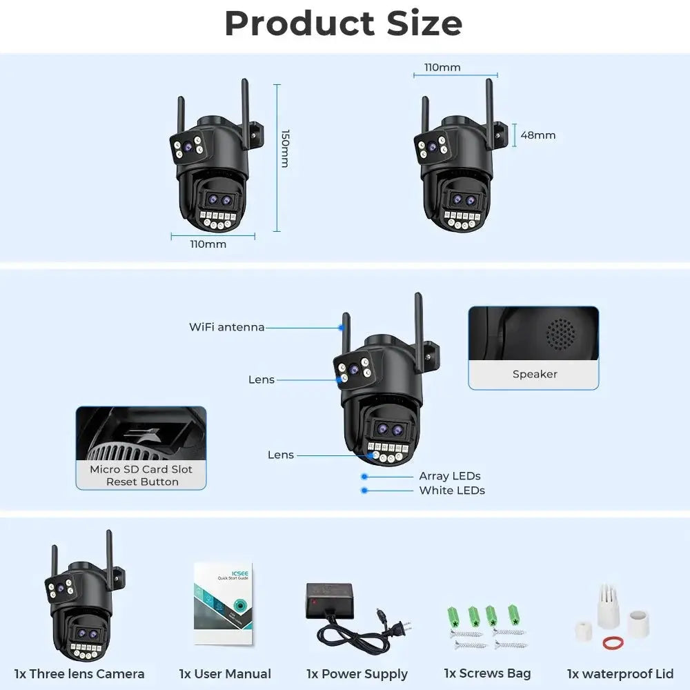 12MP 6K PTZ WiFi Camera with 8X Digital Zoom Outdoor Night Vision CCTV ICSEE - stepyours.com