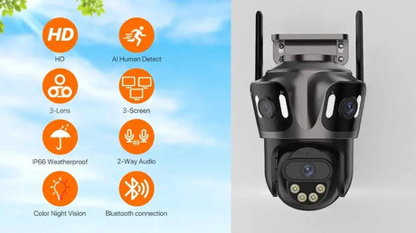 WONSDAR Three Screen WIFI IP Camera Outdoor - Dual Lens AI Human Detection Hooks - stepyours.com
