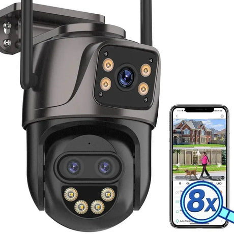 6K 9MP Outdoor Tri - Lens WiFi IP Camera - Auto Tracking And Dual Screen - stepyours.com
