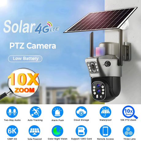 4G Solar Camera Outdoor 6K 12MP Tri Lens Night Vision IP PTZ Surveillance Pro - stepyours.com