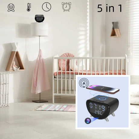 Wireless Charging Alarm Clock Camera - 4K HD Surveillance, Motion Detection, Remote Viewing, Recording, App, Temperature Display