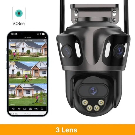 WONSDAR Three Screen WIFI IP Camera Outdoor - Dual Lens AI Human Detection Hooks - stepyours.com