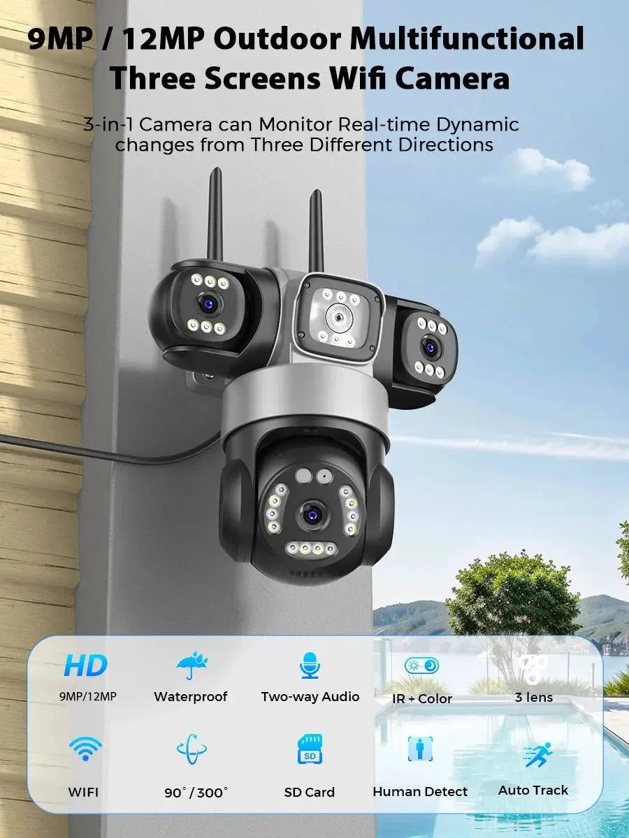 12MP Outdoor WiFi PTZ Camera With 6K HD Triple Lens Waterproof - stepyours.com