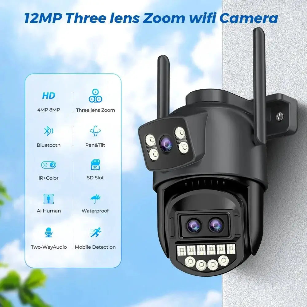 Outdoor WiFi PTZ Camera 8x Optical Zoom Three Lens Dual Screen CCTV IP - stepyours.com