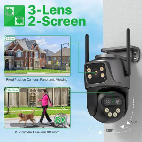 6K 9MP Outdoor Tri - Lens WiFi IP Camera - Auto Tracking And Dual Screen - stepyours.com