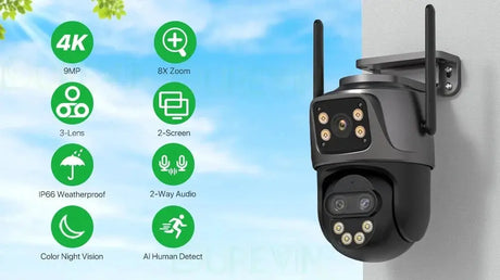 6K 9MP Outdoor Tri - Lens WiFi IP Camera - Auto Tracking And Dual Screen - stepyours.com