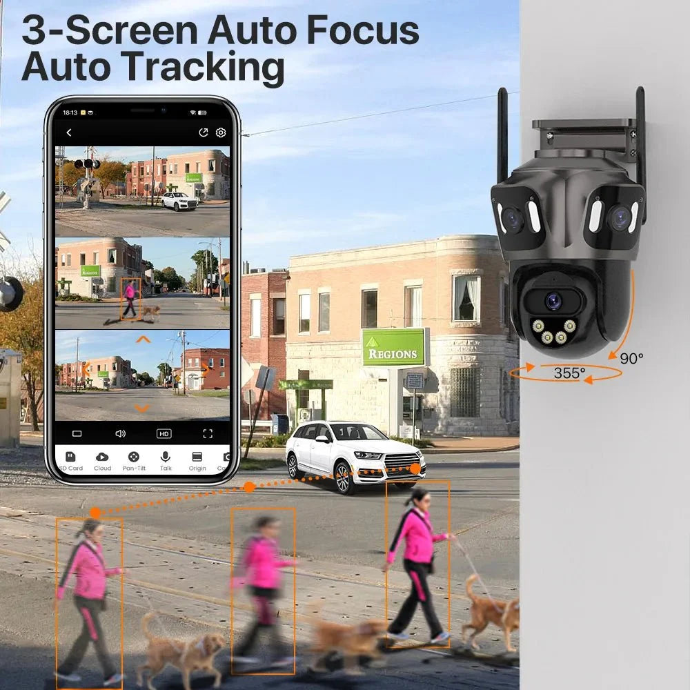 iCsee Three Screen WiFi IP Cameras Outdoor 4K Tri Lens - AI Human Detection Zone