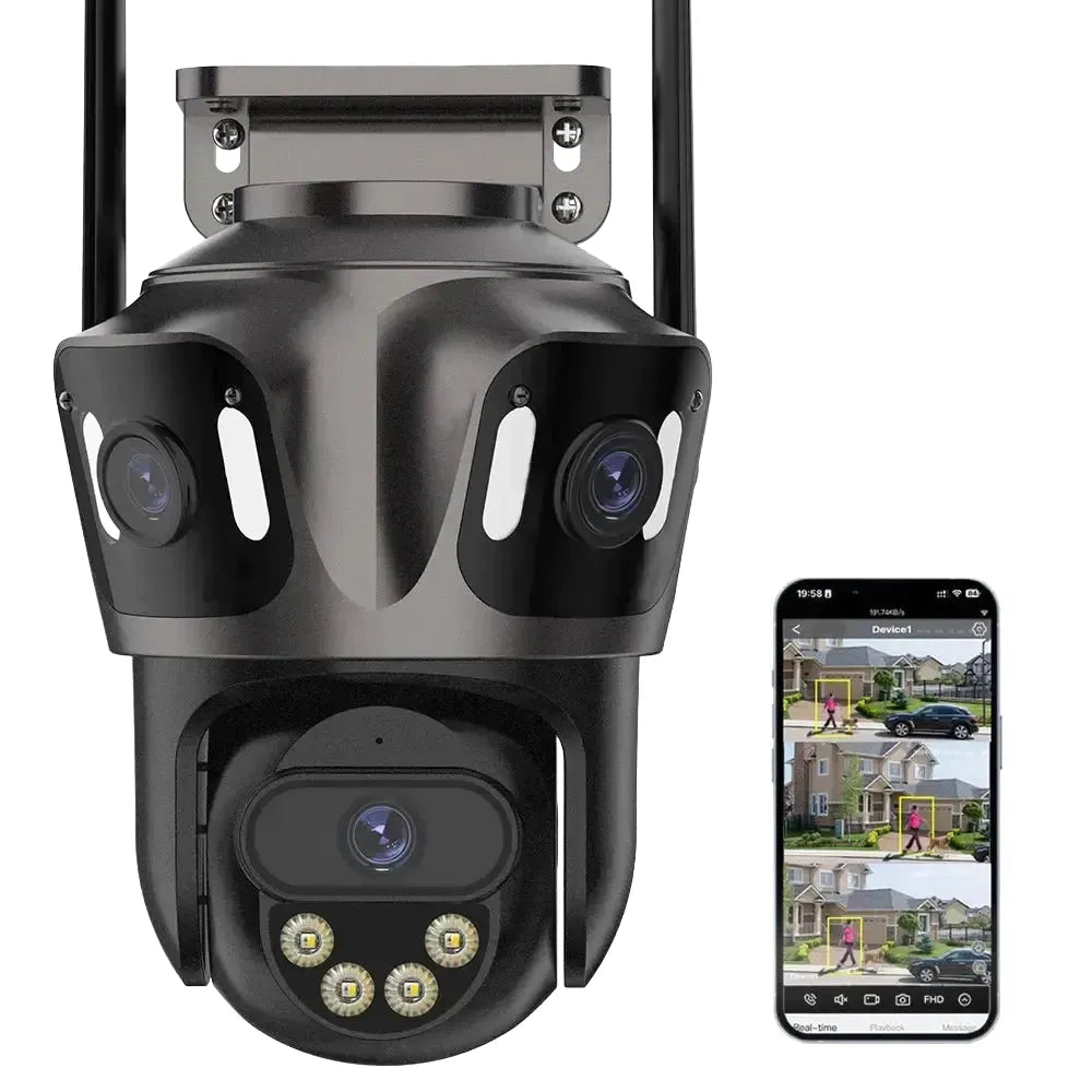 iCsee Three Screen WiFi IP Cameras Outdoor 4K Tri Lens - AI Human Detection Zone