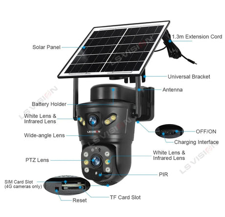 LS Vision 4G WiFi Outdoor Solar Camera - 8MP Dual Lens Night Vision WaterproofCCTV