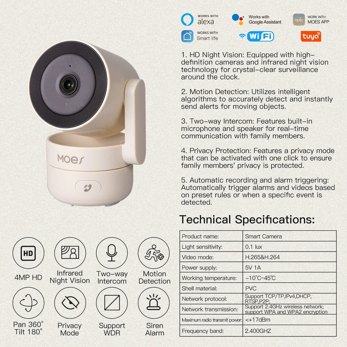 MOES Tuya WiFi Indoor Pan/Tilt Camera - 4MP HD Night Vision Panoramic Patrol Pro
