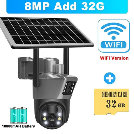 SolarGuard 8MP 4K WiFi Solar Camera - Dual Lens PTZ Wireless Surveillance System
