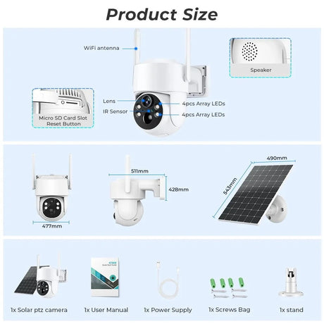 SolarGuard WiFi PTZ Solar IP Camera - 4MP FHD Built In Battery Standby iCsee App