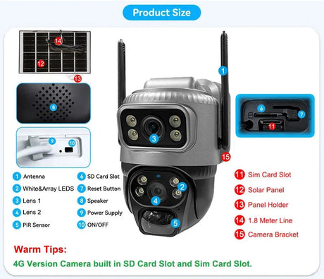 V380 Dual Lens 4G Solar Camera IR Detection Night Vision Waterproof Security Cams