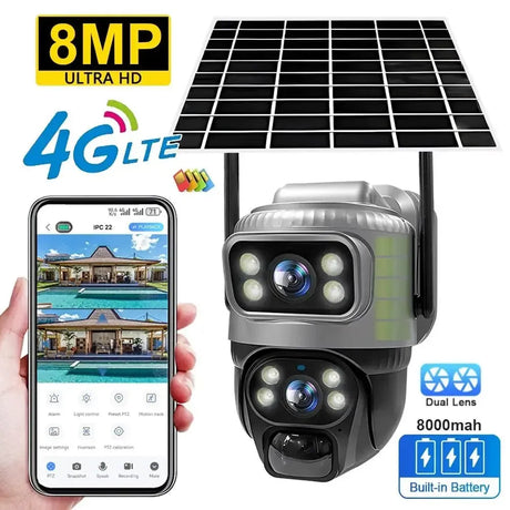 V380 Dual Lens 4G Solar Camera IR Detection Night Vision Waterproof Security Cams